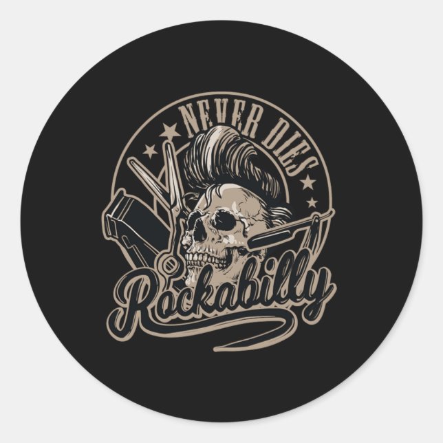 Pegatina Redonda Rockabilly Never Dies Barber Skull Rocker (Anverso)