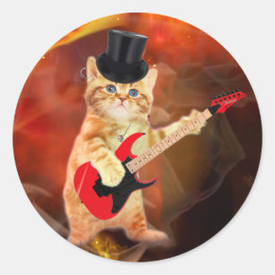 Pegatina Redonda Rocker cat con sombrero de punta y guitarra