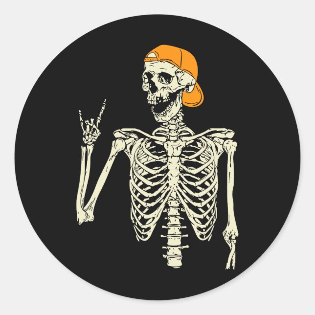 Pegatina Redonda Rocker Skeleton Cap Skater Guay Halloween Punk Roc (Anverso)