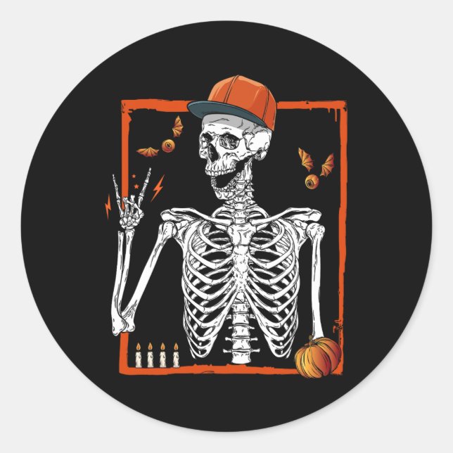 Pegatina Redonda Rocker Skeleton Hand Rock On Costume Funny Hallowe (Anverso)