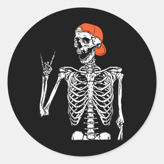 Pegatina Redonda Rocker Skeleton Hand Rock On Costume Funny Hallowe (Anverso)