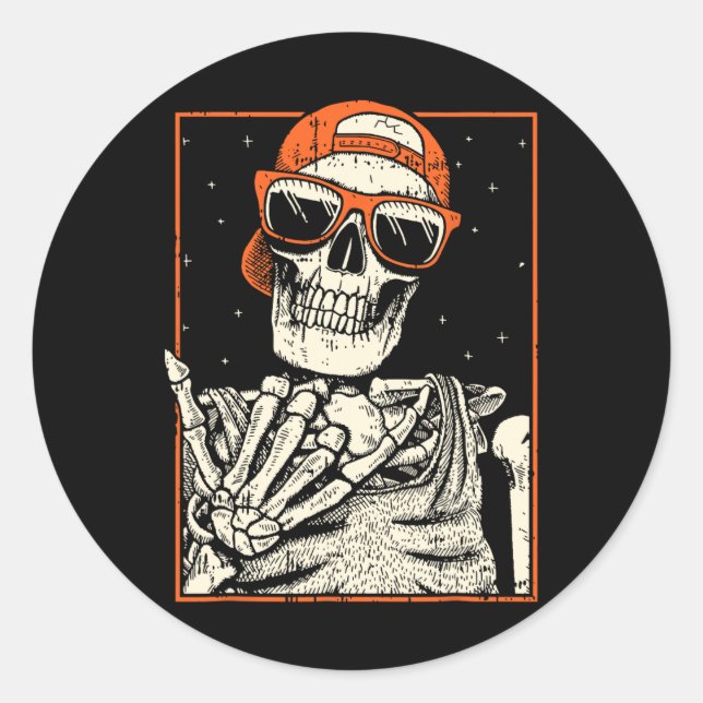 Pegatina Redonda Rocker Skeleton Hand Rock On Costume Funny Hallowe (Anverso)