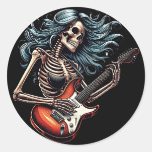 Pegatina Redonda Rocker Skeleton mujer tocando guitarra Arte oscuro