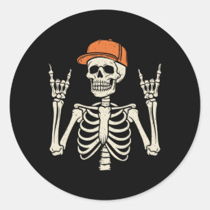 Pegatina Redonda Rocker Skeleton Rock On Hand Halloween Skeleton Me