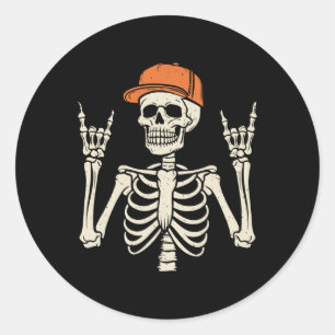 Pegatina Redonda Rocker Skeleton Rock On Hand Halloween Skeleton Me