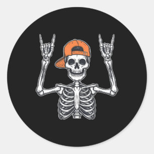 Pegatina Redonda Rocker Skeleton Skater Cap Halloween Rock Men Boys