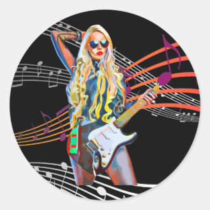 Pegatina Redonda Rockero rubio Resumen Guitarra femenina Música art