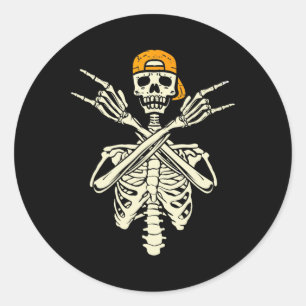 Pegatina Redonda Rockero Skeleton Cap Skater Halloween Hand Rock Gi