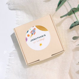 Pegatina Redonda Rocket Ship Trip Around The Sun Space Boy Birthday