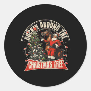 Pegatina Redonda Rockin' alrededor de los Navidades Cowboy Funny Tr