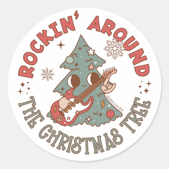 Pegatina Redonda Rockin alrededor del árbol de Navidad © GraphicLov (Anverso)