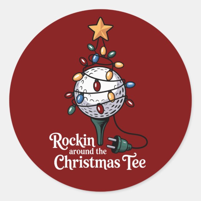 Pegatina Redonda Rockin Around The Christmas Tee Funny Golf Xmas (Anverso)