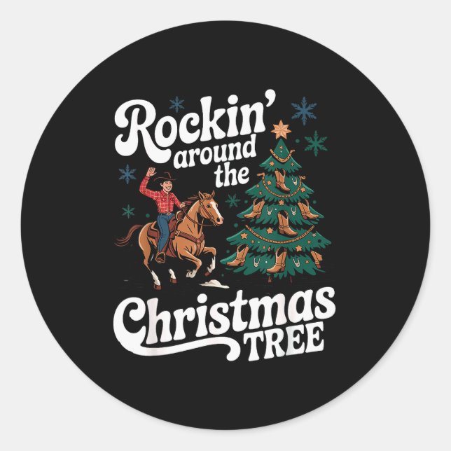 Pegatina Redonda Rockin’ Around The Cowboy Christmas Tree Western X (Anverso)