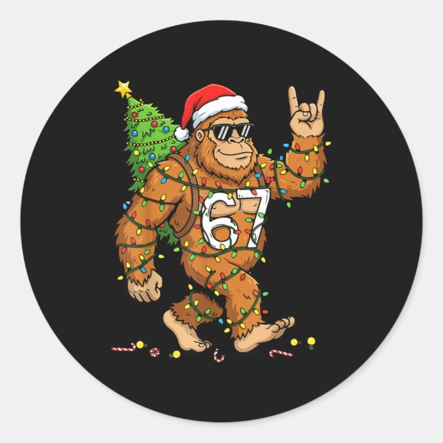 Pegatina Redonda Rockin' Bigfoot Christmas Tree Xmas Lights Funny 6 (Anverso)