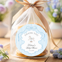 Pegatina Redonda Rocking Horse Blue Bow Baby Shower Thank you