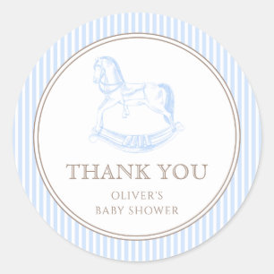 Pegatina Redonda Rocking Horse Blue Toile De Jouy Baby Shower