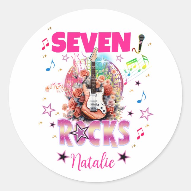 Pegatina Redonda Rock'n'Roll Guitar Chica de cumpleaños musical Roc (Anverso)