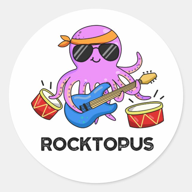 Pegatina Redonda Rocktopus Funny Rock Banda Octopus Pun (Anverso)
