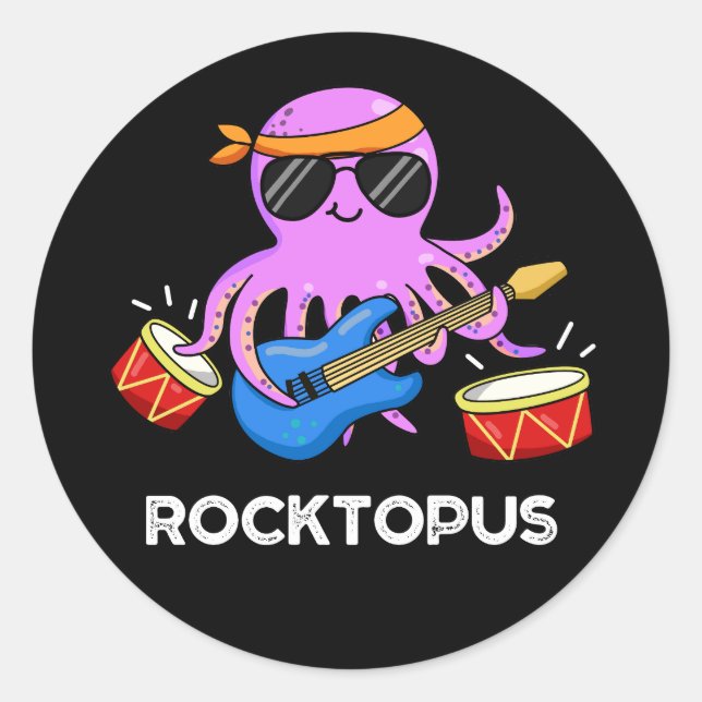Pegatina Redonda Rocktopus Funny Rock Banda Octopus Pun Dark BG (Anverso)