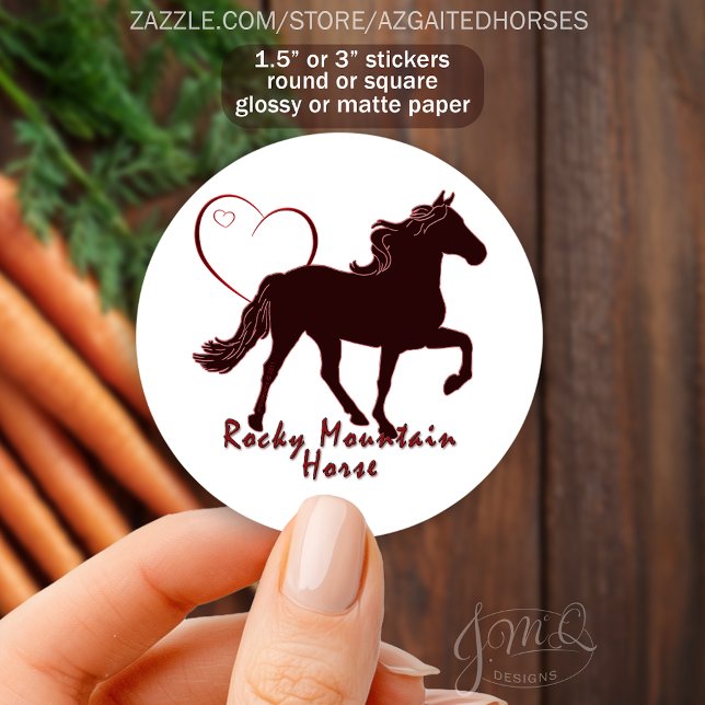 Pegatina Redonda Rocky Mountain Horse Silhouette Heart Equestrian (Sticker design with silhouette of Rocky Mountain Horse, heart outline, text reading Rocky Mountain.)