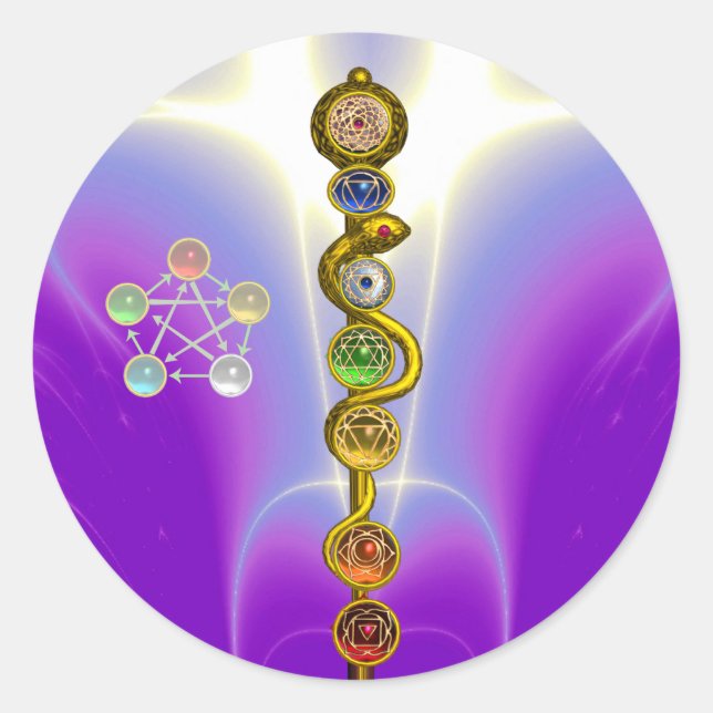 PEGATINA REDONDA ROD DE ASCLEPIUS 7 CHAKRAS,YOGA ,ENERGÍA ESPIRITUA (Anverso)