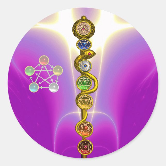 PEGATINA REDONDA ROD DE ASCLEPIUS 7 CHAKRAS,YOGA ,ENERGÍA ESPIRITUA (Anverso)