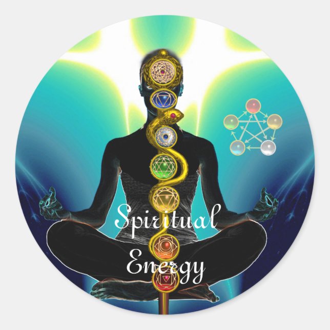 Pegatina Redonda ROD DE ASCLEPIUS 7 CHAKRAS, YOGA LOTUS POSE Blue (Anverso)