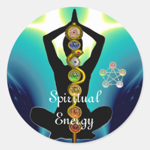 Pegatina Redonda ROD DE ASCLEPIUS 7 CHAKRAS, YOGA LOTUS POSE Blue