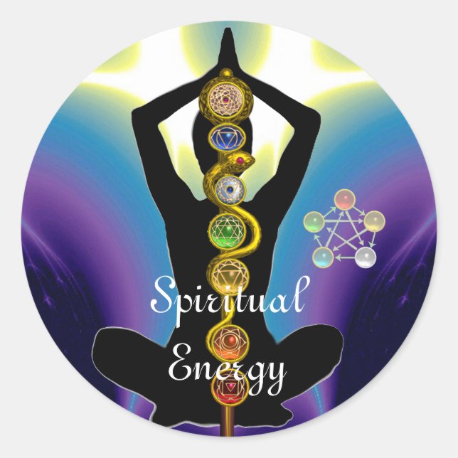 Pegatina Redonda ROD DE ASCLEPIUS 7 CHAKRAS, YOGA LOTUS POSE Púrpur (Anverso)