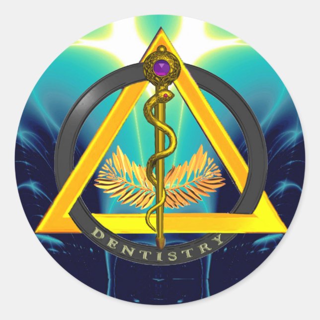 PEGATINA REDONDA ROD DE SÍMBOLO DE DENTISTRÍA ASCLEPIUS (Anverso)