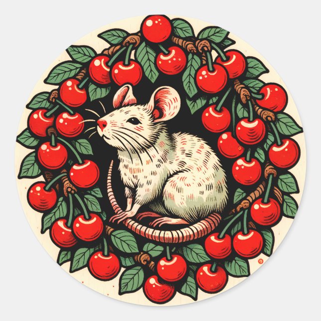 Pegatina Redonda Rodent Fruit Cherry Rat Art Rats Cherries (Anverso)