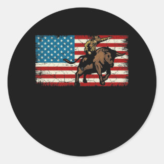 Pegatina Redonda Rodeo Bull Rider Patriótico Bandera Americana Vaqu