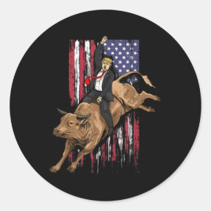 Pegatina Redonda Rodeo Bull Rider Trump Bandera Americana Cowboy Bu