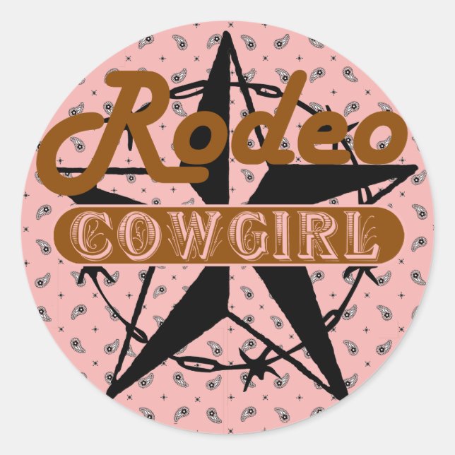Pegatina Redonda Rodeo Cowgirl Pink Bandanna Star Barbed Wire (Anverso)
