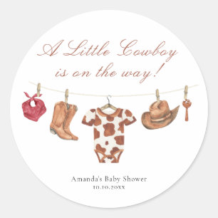 Pegatina Redonda Rodeo de Acuarela Baby Shower Western Vaquero