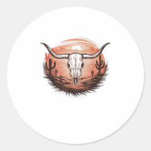 Pegatina Redonda Rodeo de vaquero de Cow Skull