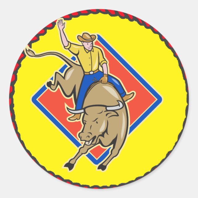 Pegatina Redonda Rodeo occidental de Cowboy Bull Rider (Anverso)