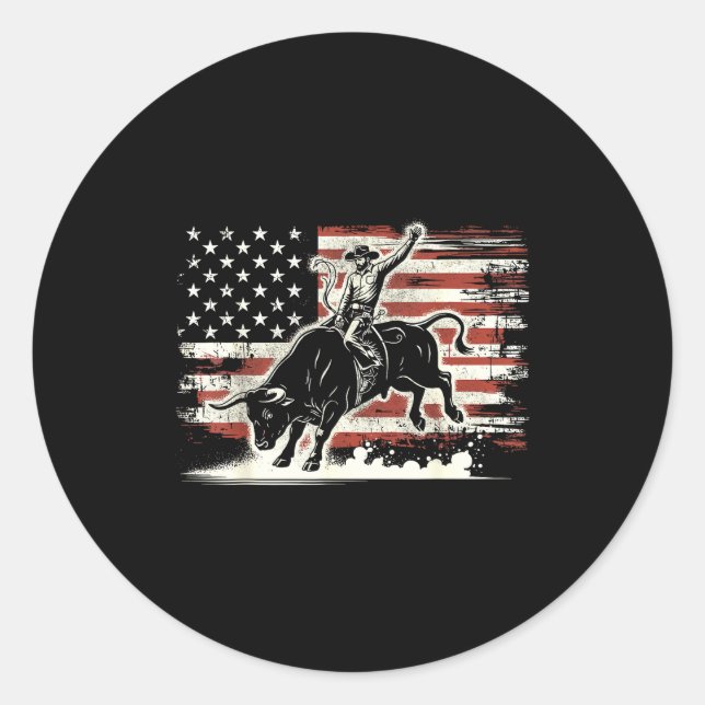 Pegatina Redonda Rodeo Rider Bull Patriotic Cowboy Usa Flag  (Anverso)
