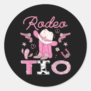 Pegatina Redonda Rodeo Tio cumpleaños número 1 Botas Rosas Disco Va
