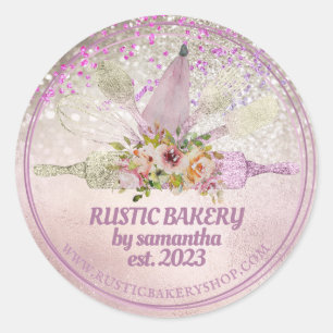 Pegatina Redonda Rodillo de batir de oro rosa brillante panadería f