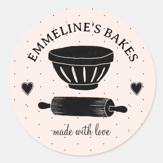 Pegatina Redonda Rodillo Ilustrado Baker Cook Hecho Con Amor (Anverso)