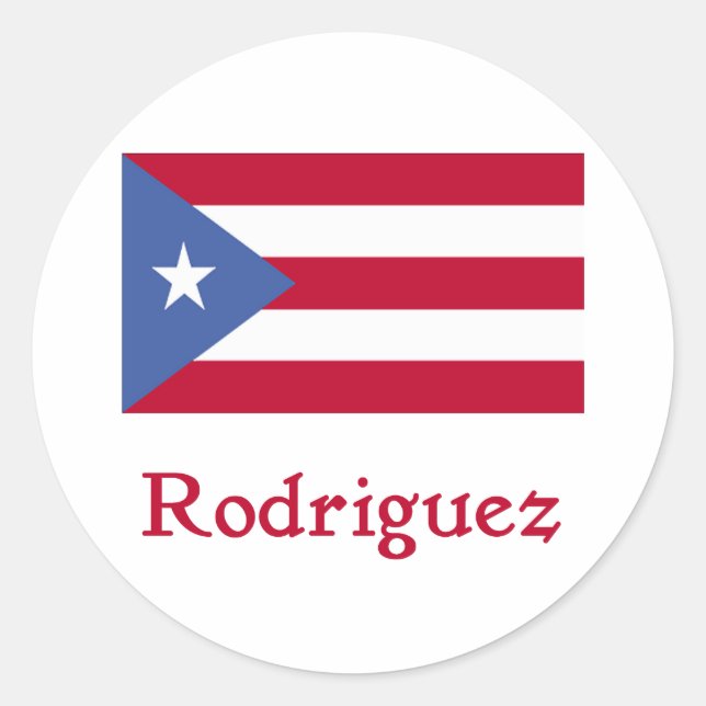 Pegatina Redonda Rodriguez Bandera de Puerto Rico (Anverso)