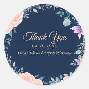 Pegatina Redonda Rojizo Rosa y Azul Marino Floral Elegante Moderno