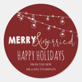 Pegatina Redonda Rojo Alegre & Casados Recién Casados Felices Fiest