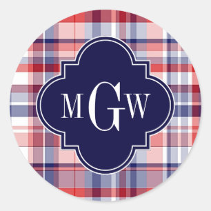 Pegatina Redonda Rojo Blanco Azul Preppy Madras Monograma