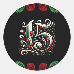 Pegatina Redonda Rojo Blanco Verde Mis Quince Años 15 Quinceañera