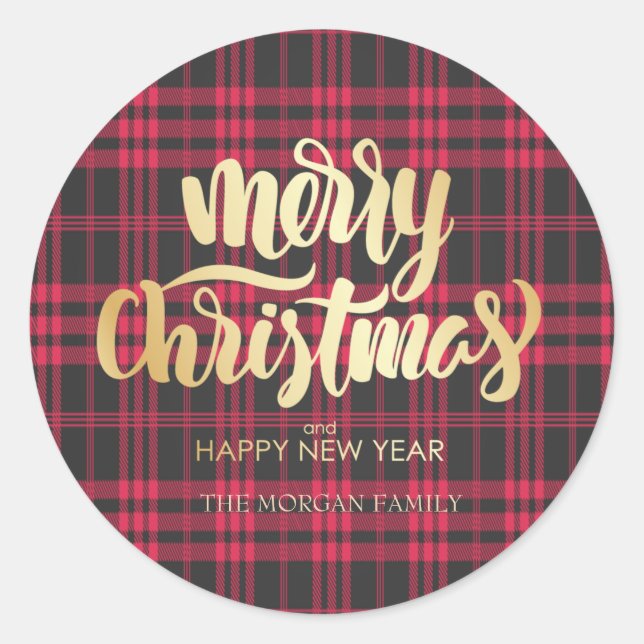 Pegatina Redonda Rojo Buffalo Plaid Feliz Navidad (Anverso)