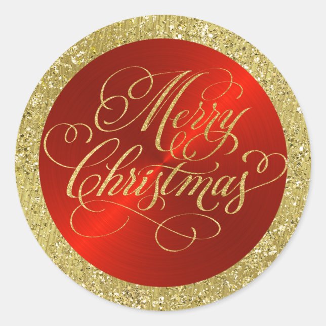 Pegatina Redonda Rojo con frontera de oro y Feliz Navidad (Anverso)
