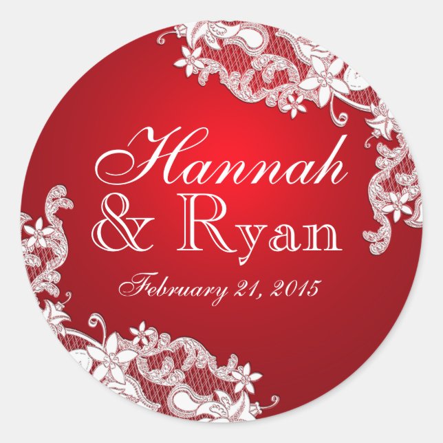 Pegatina Redonda Rojo de encaje vintage floral (Anverso)