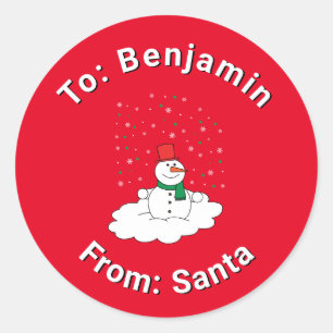 Pegatina Redonda Rojo del nombre personalizado de Santa Snowman Sno